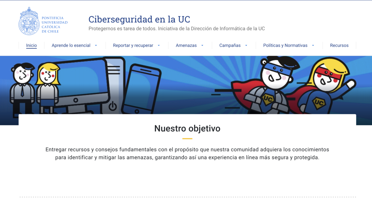 pantalla de inicio del sitio ciberseguridad.uc.cl